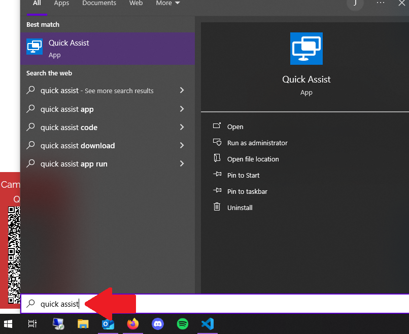 Opening Quick Assist from the Windows Start menu