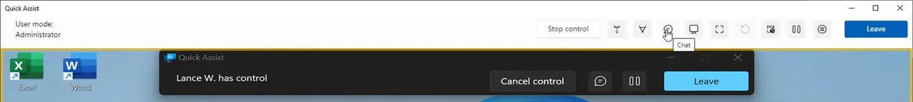 Quick Assist toolbar showing annotate, restart, and task manager controls