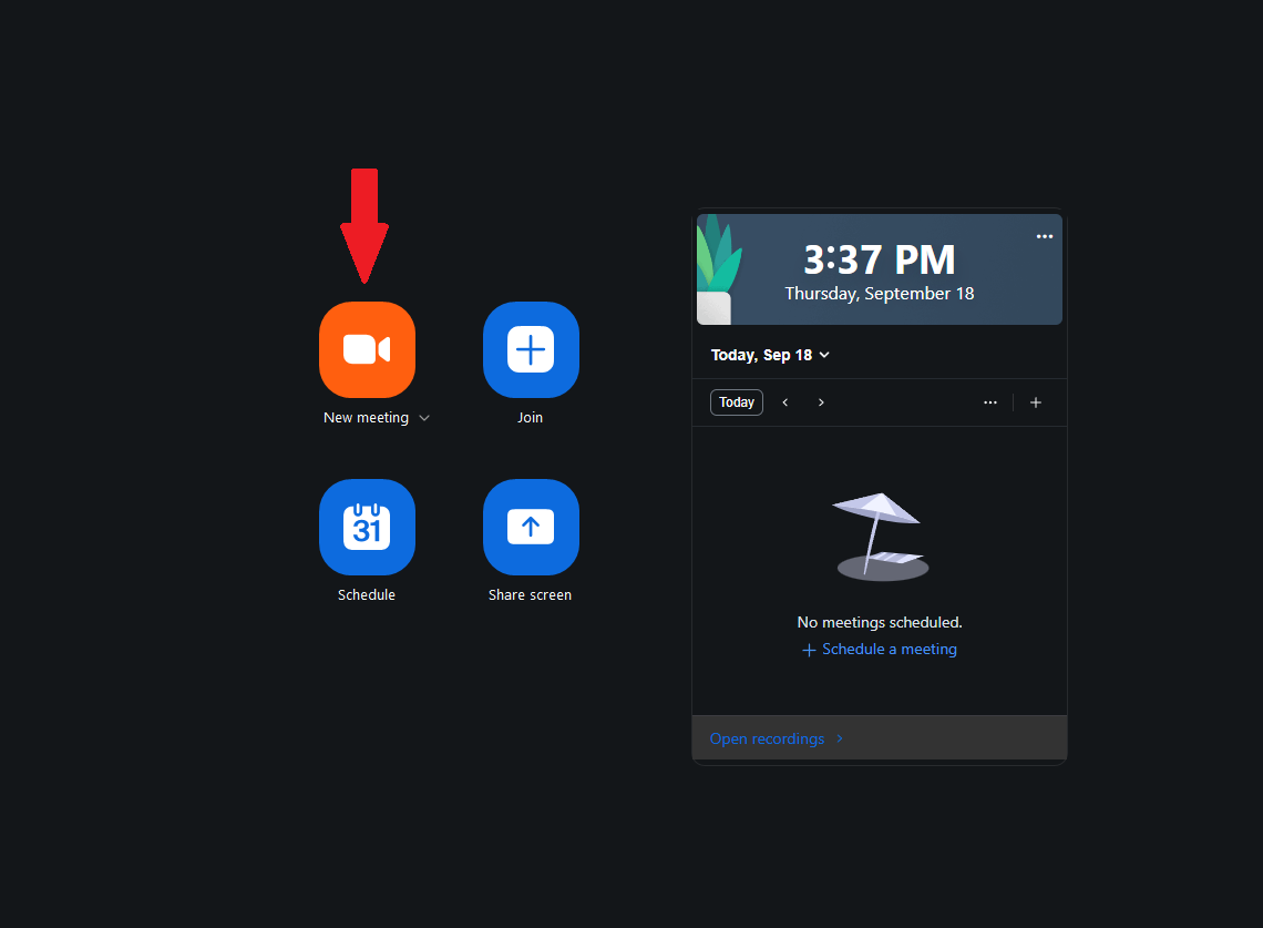 Starting a new meeting in the Zoom client