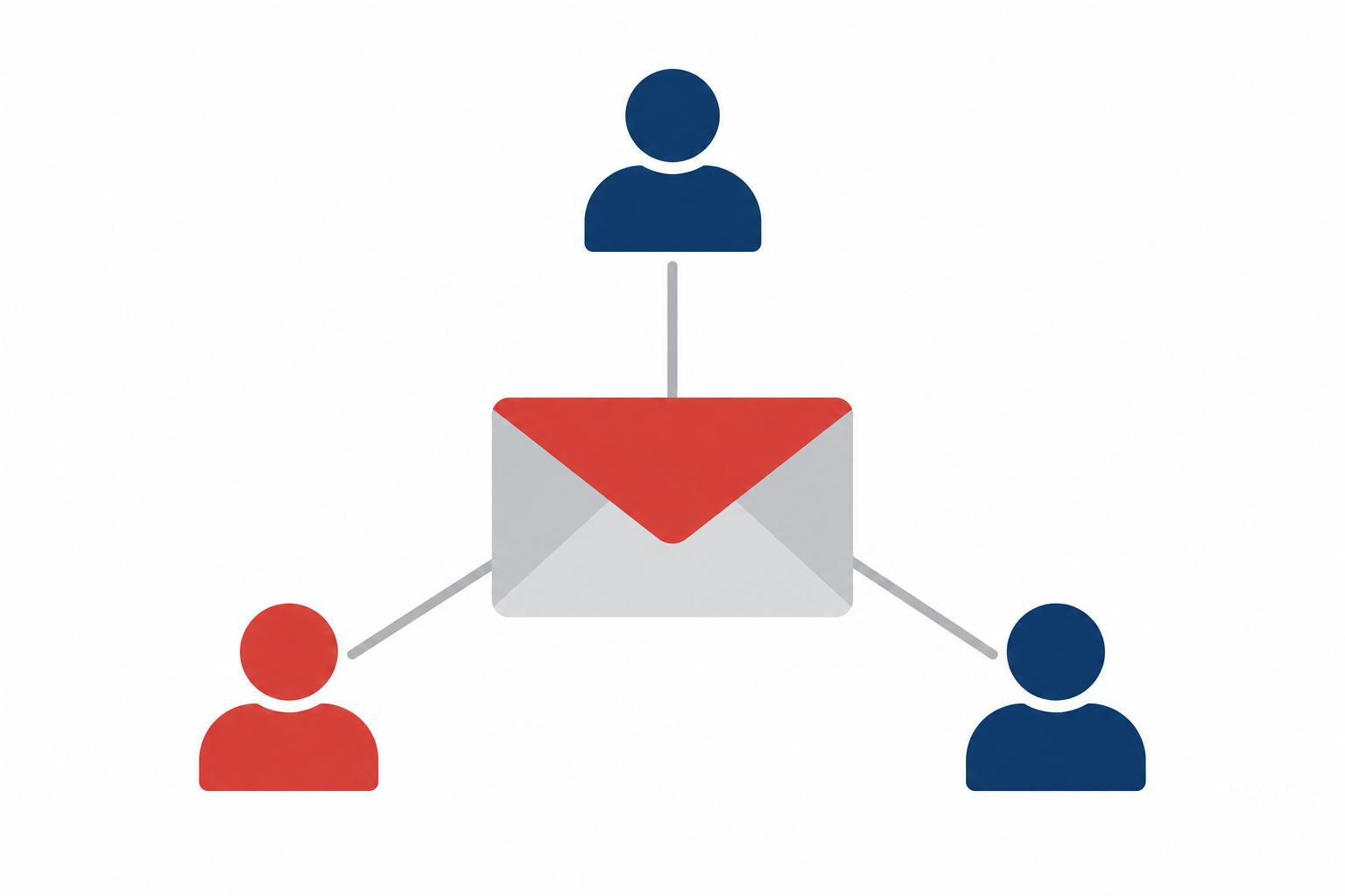 Envelope connected to three people, representing a shared business email identity