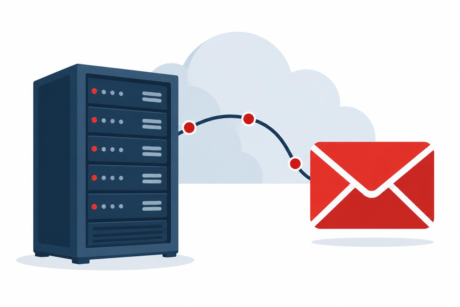Server rack connected to an envelope, representing hosted email