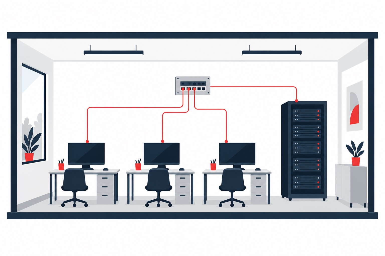 Office with workstations, server rack, and network equipment