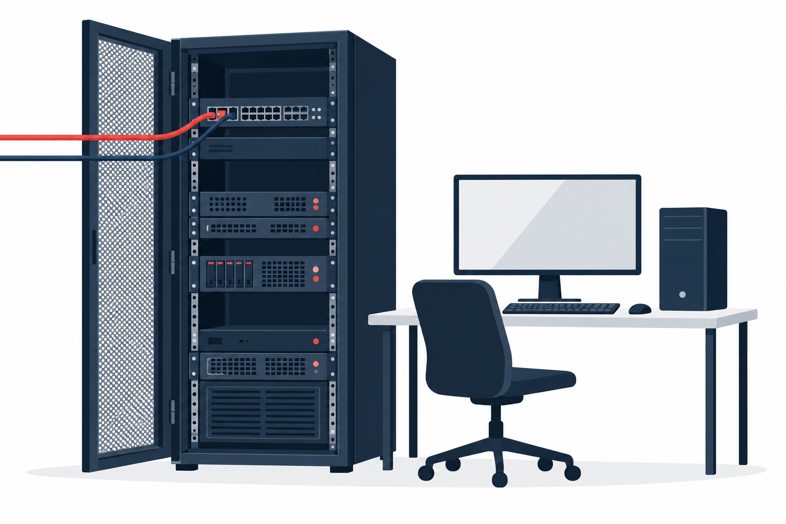 Server rack being installed and cabled in an office