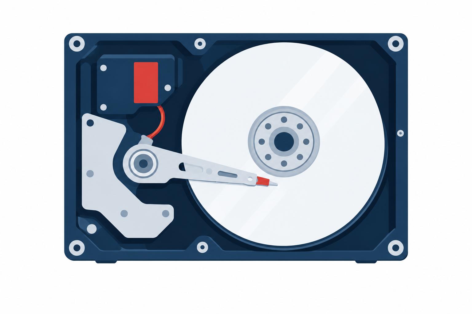 Hard disk drive interior showing platter and read arm