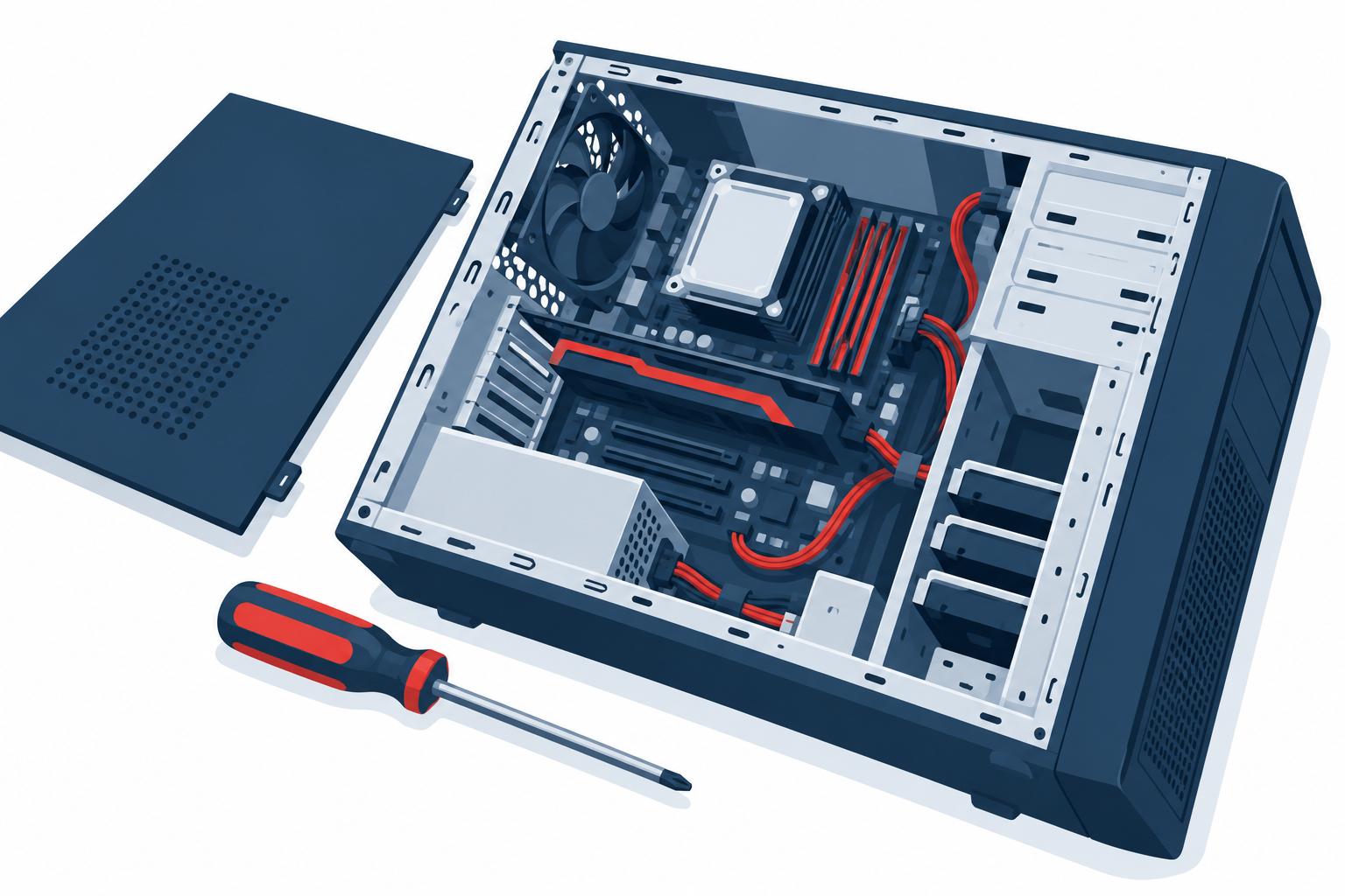 Technician working on an opened desktop computer