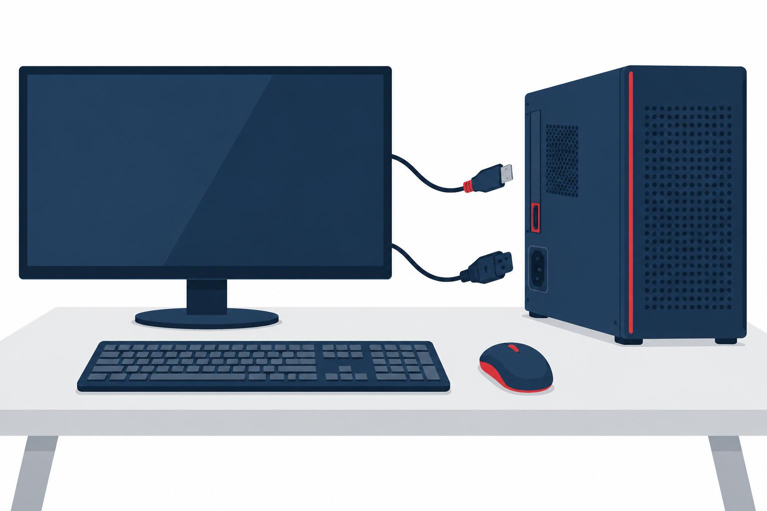Monitor, tower, keyboard and mouse being assembled on a desk