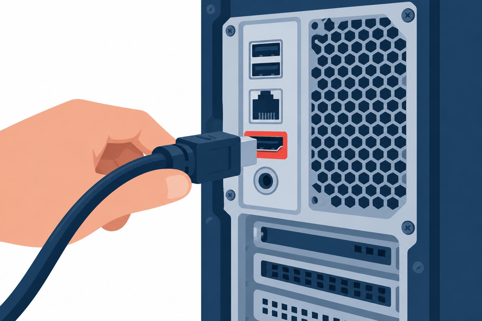 Cable being connected to a port on the back of a computer