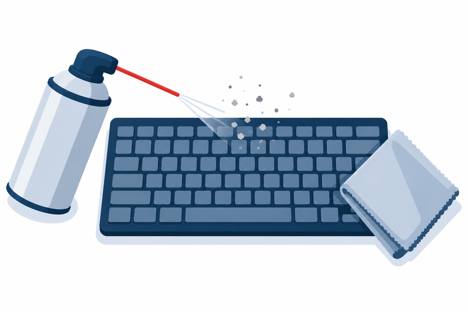 Keyboard being cleaned with compressed air and a cloth
