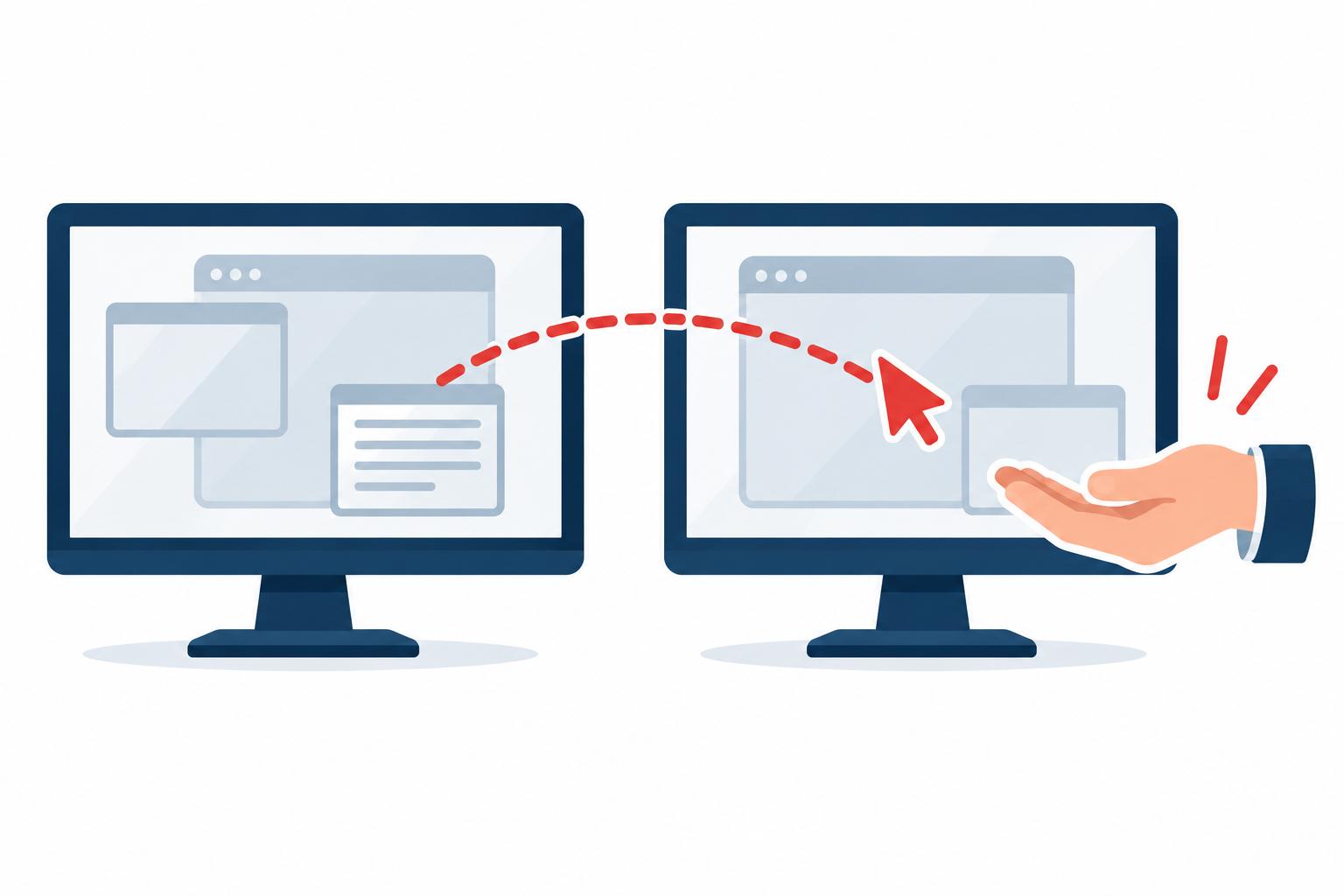 Illustration of mouse control passing from one screen to another after approval