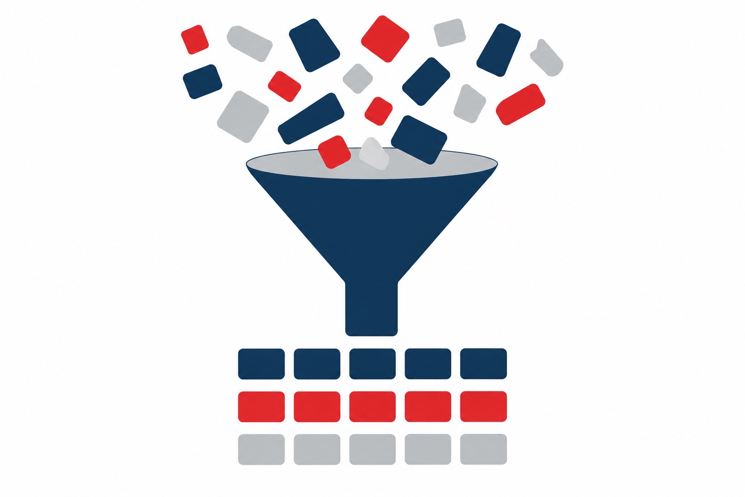 Unstructured data passing through a funnel into aligned rows
